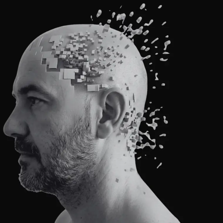 Porträt von Thomas Glavinic im Profil; der hintere Teil des Kopfes löst sich in dunkle Pixelwürfel auf.